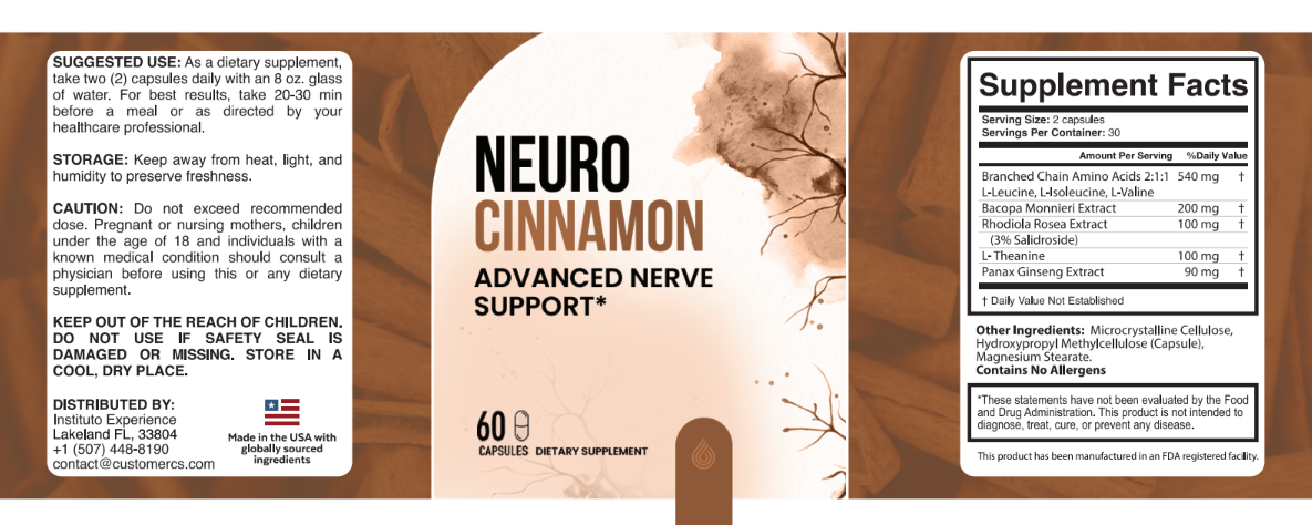 Neuro Cinnamon supplement facts label – complete ingredient list, dosages, and nutritional information